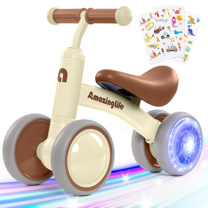 AmazingLife 1 Year Old Balance Bike Colorful Lighting Baby Balance Bike with 3 Cartoon Stickers 10-24 Months Toddler Bike 4 Silence Wheels No Pedal Baby Balance Bike Load Capacity 55 LBS - Beige