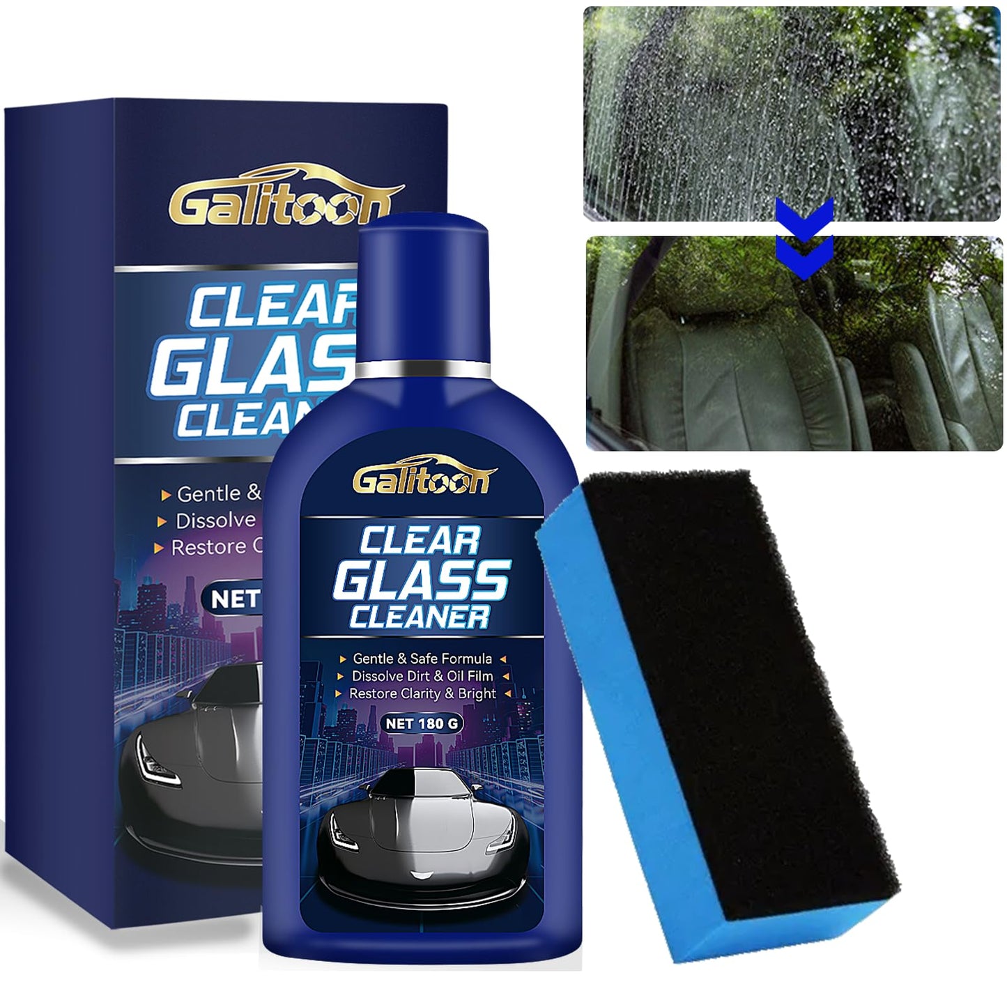 Car Glass Oil Film Cleaner Car Glass Cleaner with Sponge Glass Cleaner for Home and Auto Cleaning Water Spot Remover for Glass Surfaces Easily Restore Glass Clarity(180g)