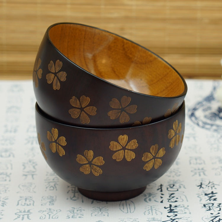 Japan Sakura Solid Wood Adult Rice Bowl flower pattern