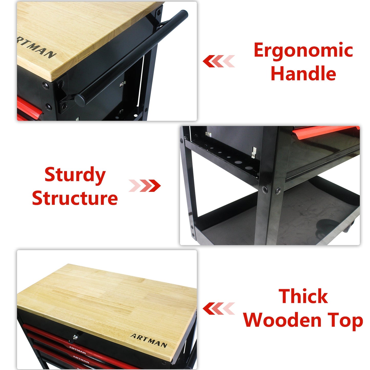 Steel Multi functions tool Cart 3 drawers garage hardware