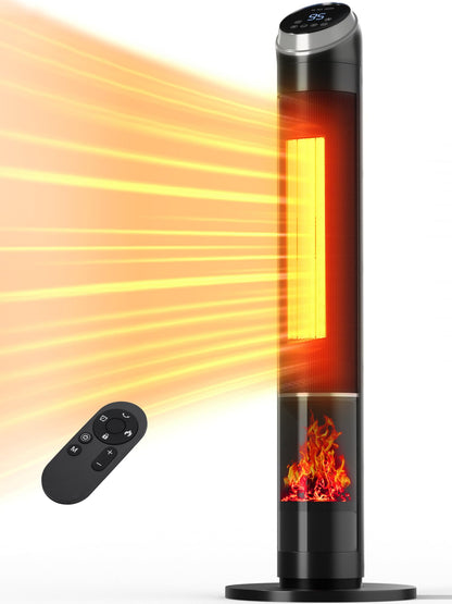 Uthfy Space Heater Indoor 38" Electric Room Heater with Flame 24H Timer Portable Tower Heater with Remote Thermostat 3 Modes Tip-over and Overheat Protection for Bedroom Office Large Room Use