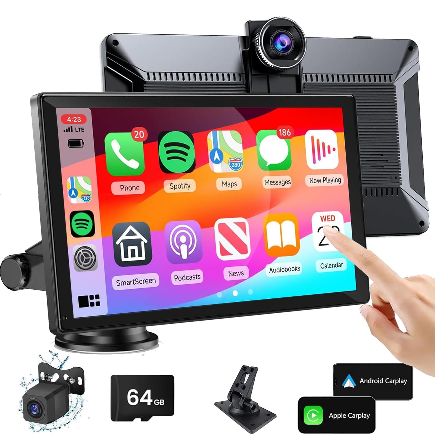 9" Wireless Carplay Screen for Car Portable Apple Carplay & Android Auto Car Stereo Audio Receiverswith 4K Dash Cam1080P Backup CameraGPS Navigation Mirror LinkBluetoothVoice ControSiri