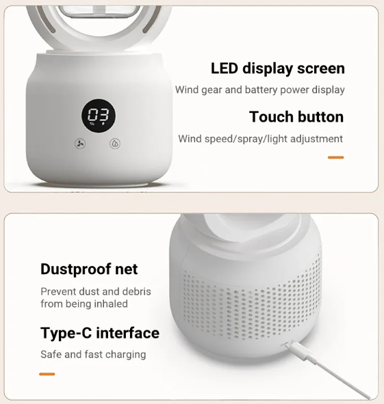 Bladeless USB Spray Mist Electric Fan & Air Humidifier (USB Rechargeable, Tabletop)