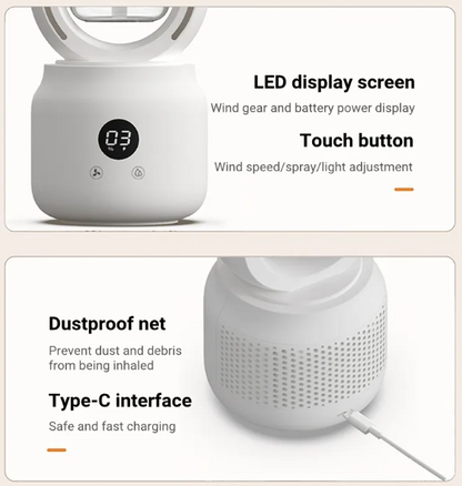 Bladeless USB Spray Mist Electric Fan & Air Humidifier (USB Rechargeable, Tabletop)