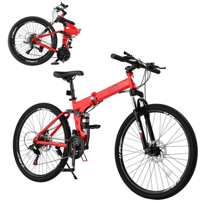 Ktaxon Folding Mountain Bike 21-Speed Adult Bikes 26 Inch Bike with High Carbon Steel Frame Double-Kill Disc Brake System Thickened Shock-Absorbing Front Fork (Red)
