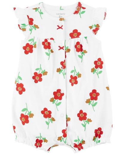 Carters Baby Girls Snap-Up Cotton Romper (White With Red Flowers 6 Months)