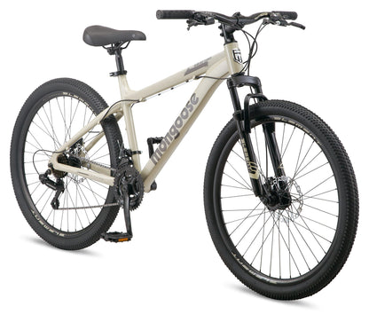 Mongoose Grafton Mountain Bike for Adult Men Women 26-Inch Wheels 21-Speed Trigger Shifter 17-Inch Aluminum Frame Front Suspension Mechanical Disc Brakes Tan