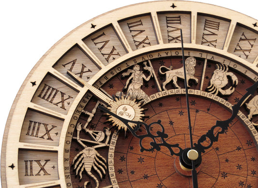 Vintage Wooden Astronomical Clock with Zodiac Signs