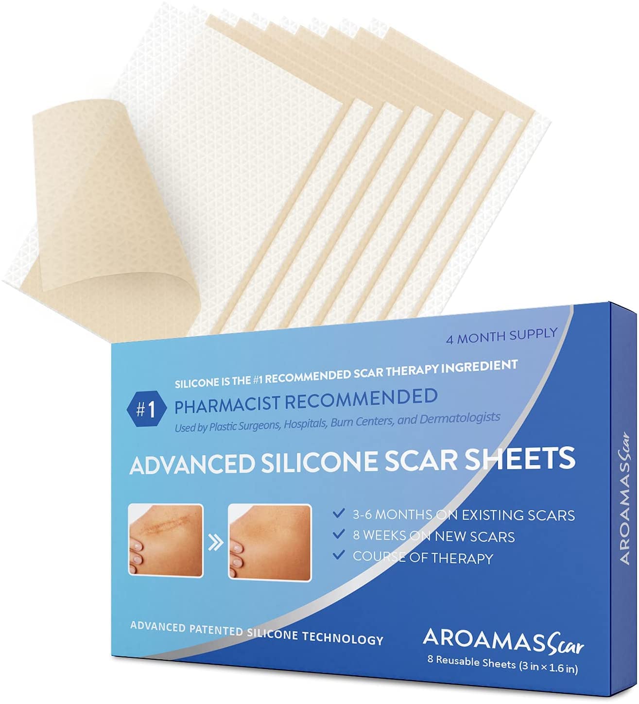 Aroamas Scar Silicone Scar Tape– Softens & Flattens Scars from Surgery Injury Burns C-Section Scratch Marks – Reusable Medical-Grade Silicone Scar Sheets for All Skin Types [3"x1.57" 8 Sheets]