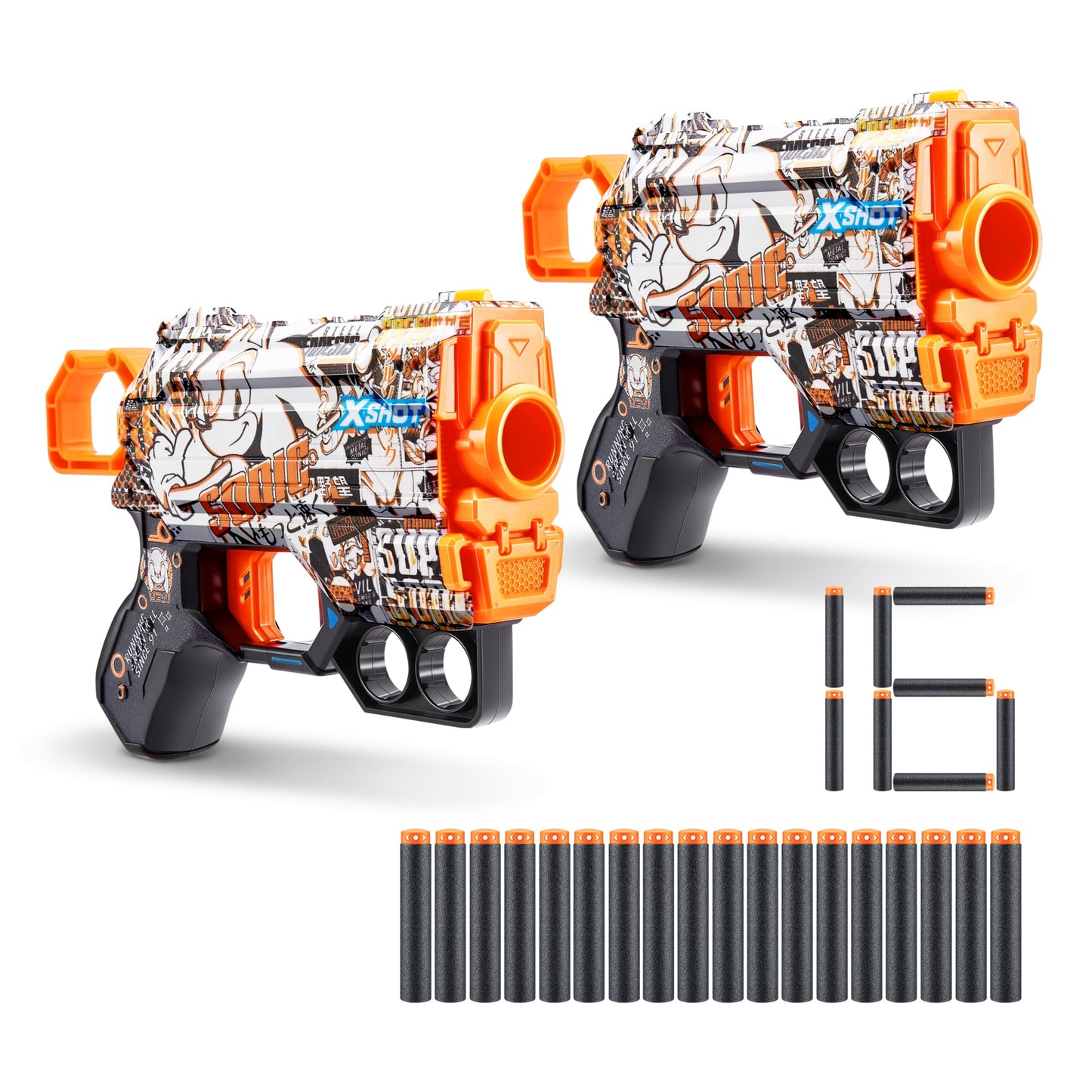 X-Shot Skins Menace - Sonic Super Speed (2 Pack + 16 Darts) by ZURU X-Shot Easy Reload Air Pocket Dart Technology Toy Foam Dart Blaster for Kids Teens Adults Frustration Free Packaging
