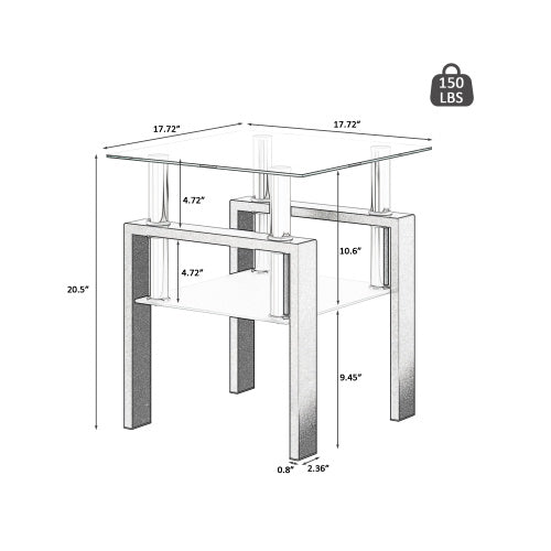 Modern Tempered Glass Tea Table Coffee Table End Table Square Table For Living Room, Transparent Black