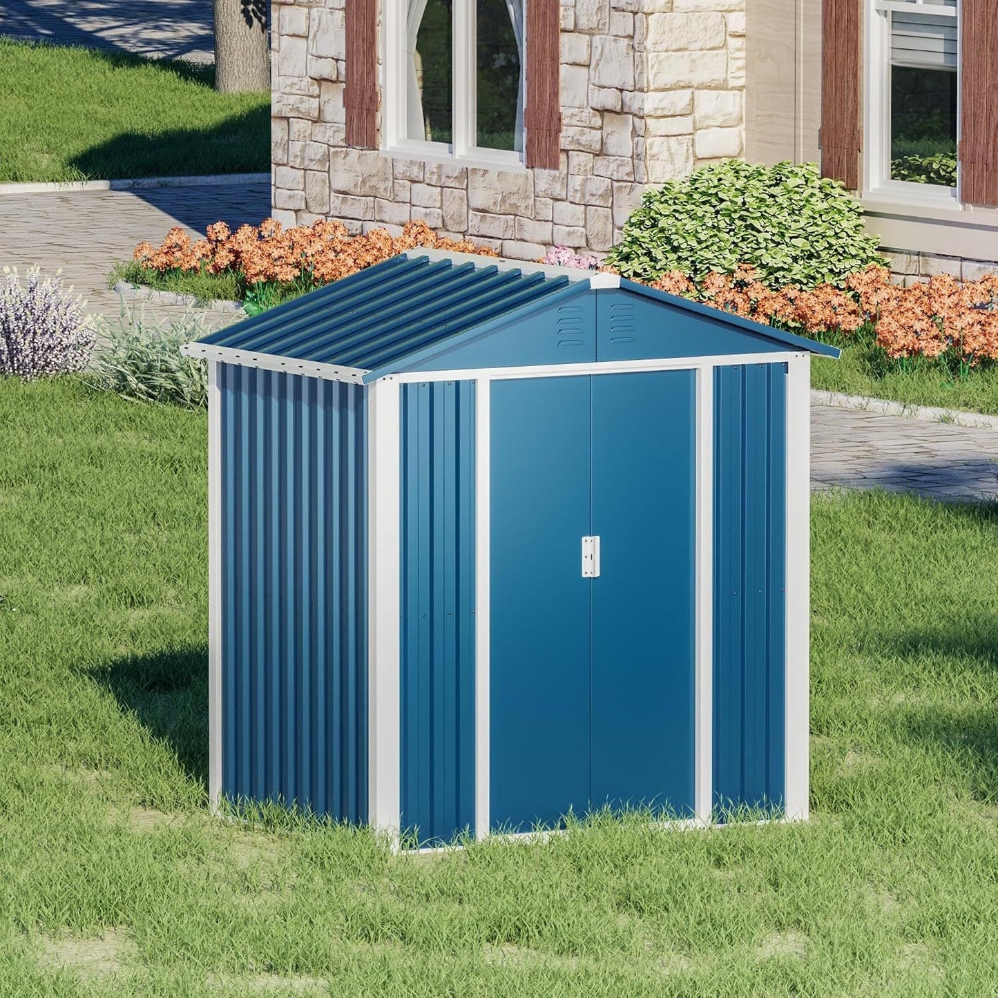 Metal Outdoor Storage Shed 5.3 FT X 4 FT, Double Sloping Roof Steel Utility Tool Shed Storage House With Door & Lock, Metal Sheds Outdoor Storage For Garden Patio Lawn,Blue