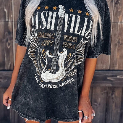 Women Summer Guitar Print Retro Pullover Top