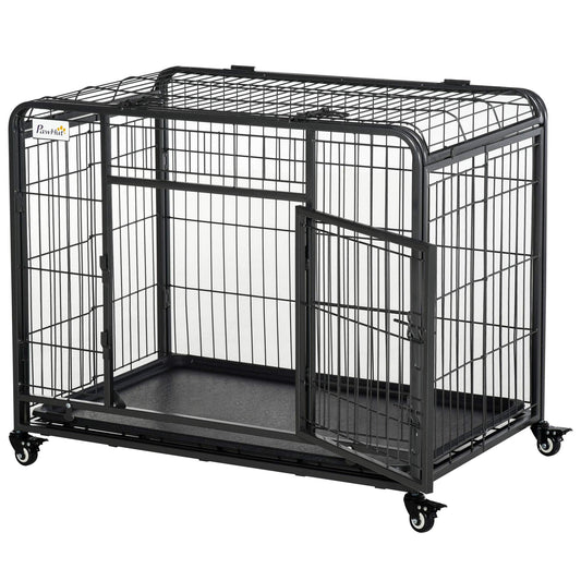 PawHut Folding Design Heavy Duty Metal Dog Cage Crate & Kennel with Removable Tray and Cover & 4 Locking Wheels Indoor/Outdoor 37"