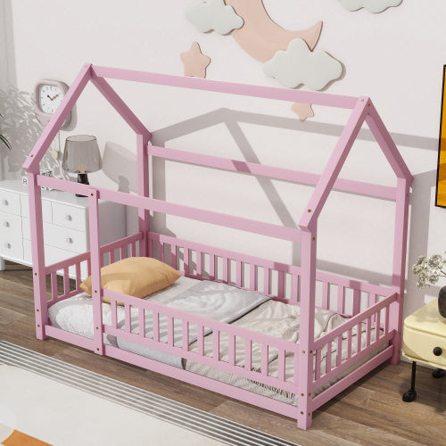 Twin Size Floor Wooden Bed With House Roof Frame Fence Guardrails Pink