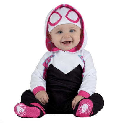 Marvel Spider - Gwen Official Infant Deluxe Halloween Costume - Premium Minky Fabric and Non-Slip Grip Booties (6-12M)