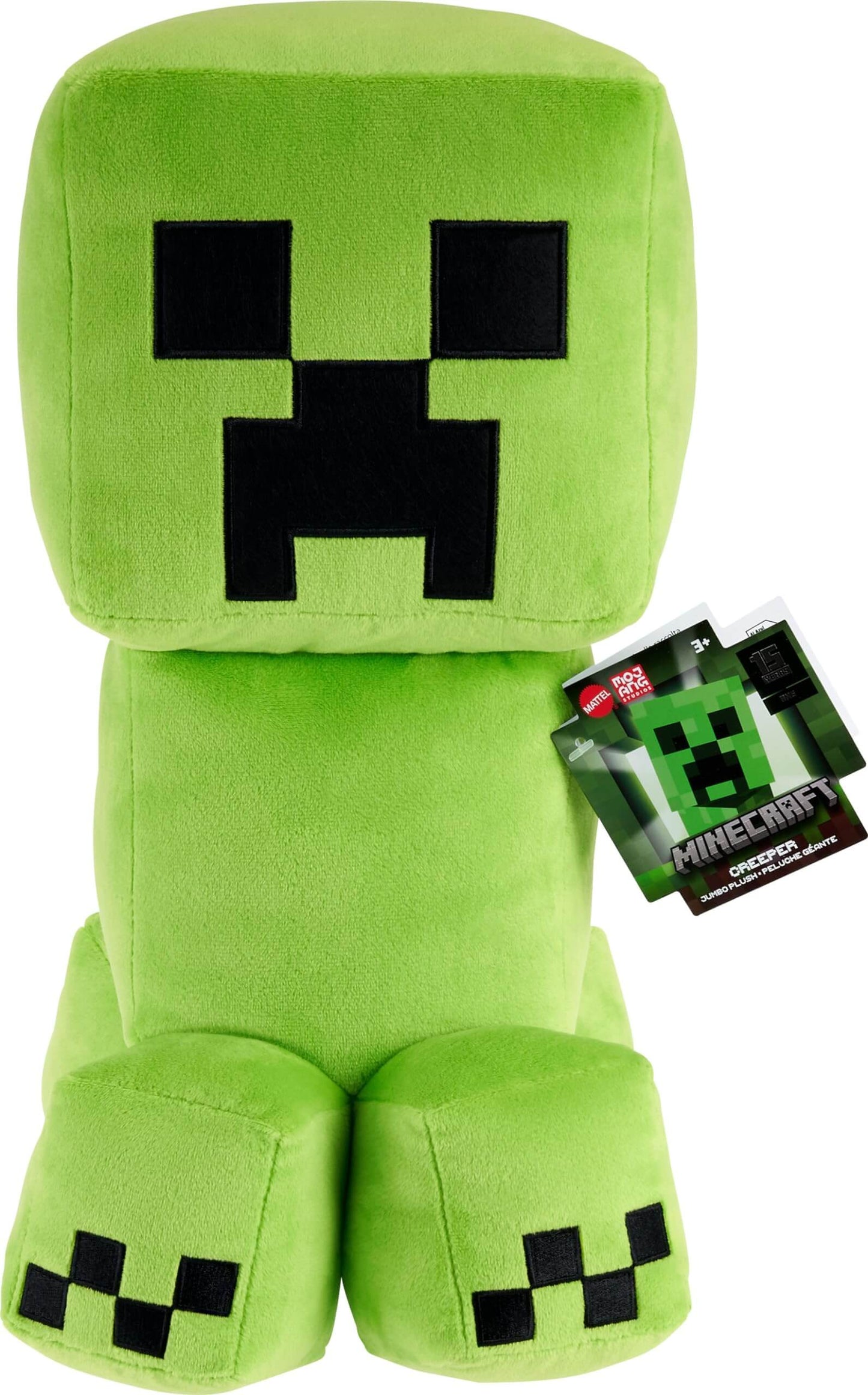 Mattel Minecraft Creeper plush figure in vibrant green, 16-in scale, with pixelated design and tag.