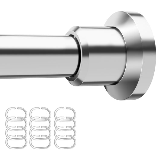 Shower Curtain Rod with 12 Hooks Rings Adjustable 31"-104" No Drill Curtain Rod Tension Shower Curtain Rod Stainless Steel Rust Proof Shower Rods for Bathroom Shower Stall Silver