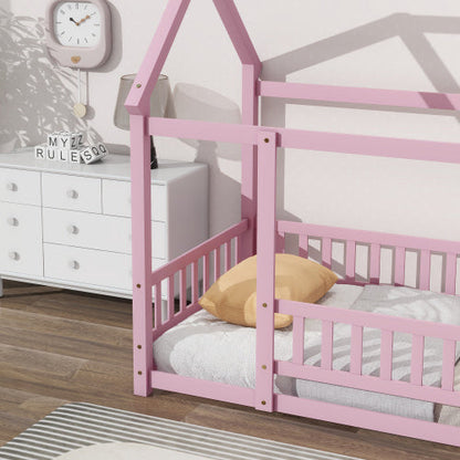 Twin Size Floor Wooden Bed With House Roof Frame Fence Guardrails Pink
