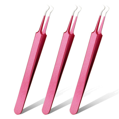 Honoson 3 Pcs Blackhead Tweezer Stainless Steel Pimple Tweezers Extractor Tool for Remove Blackhead Zit Whitehead Pimple Bend Curved Tweezer Skin Blackhead Remover Tools(Rose Red)