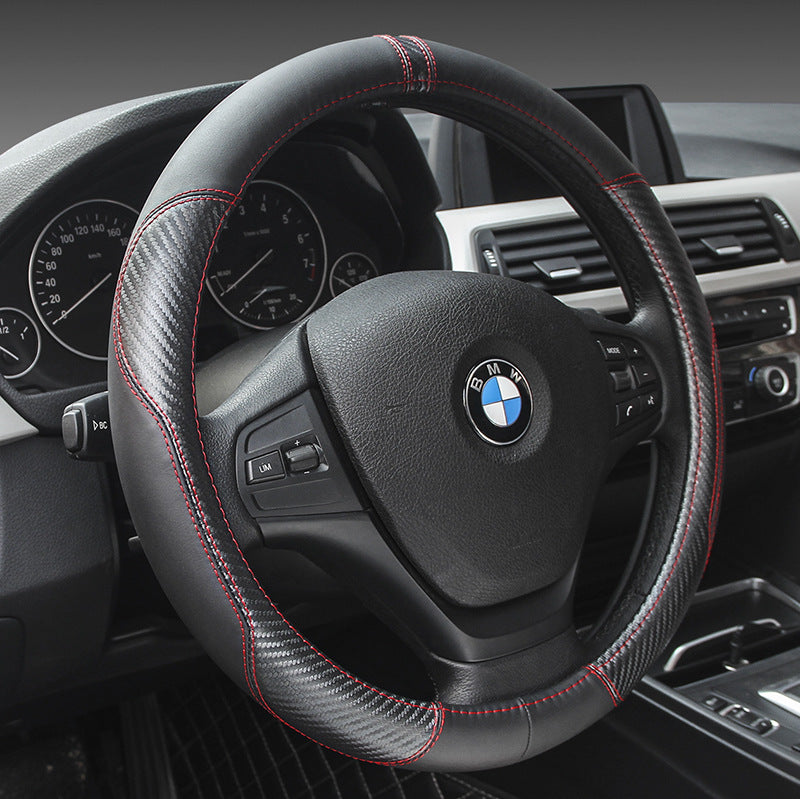Genuine Leather Steering Wheel Cover - Carbon Fiber Design 38cm