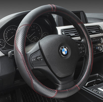 Genuine Leather Steering Wheel Cover - Carbon Fiber Design 38cm