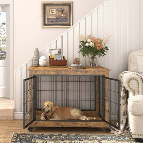 Furniture Double Door Dog Cage Rustic Brown