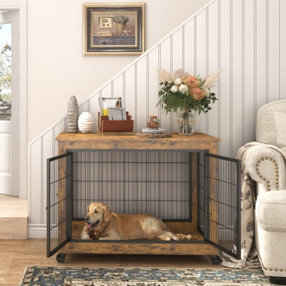 Furniture Double Door Dog Cage Rustic Brown