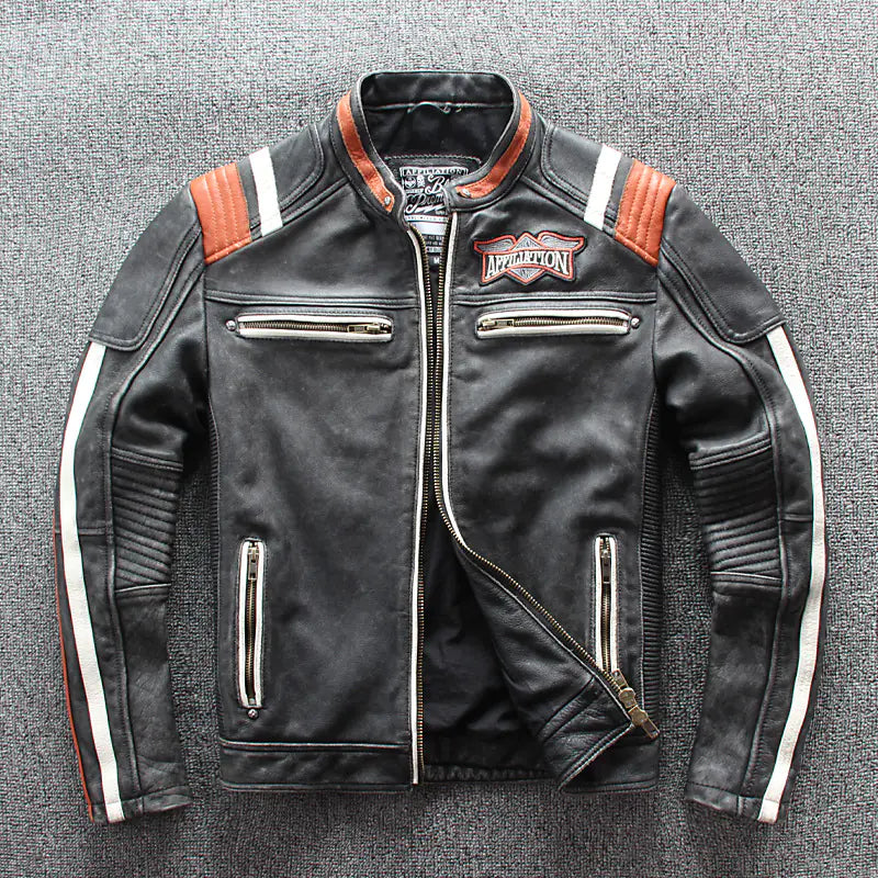 Top Layer Cowhide Slim Fit Embroidered Motorcycle Jacket