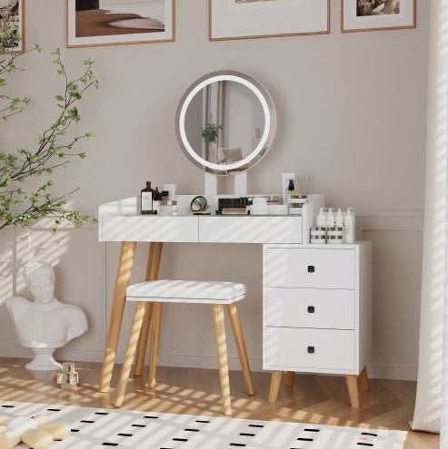 Make up Dressing Table With LED Lights Glass Top Extendable Side Table 5 Drawers Mirror Stool For Bedroom