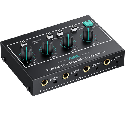 YGiTK 4 Channel Headphone Amplifier with 3 Input Mute & Audio Mixer Mono/Stereo Audio Amplifier Ultra-Compact Headphone Amp Splitter 1/4" & 1/8" TRS Output for Studio and Stage with Power Adapter