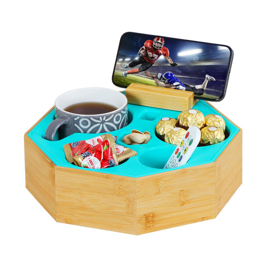 Couch Cup Holder Tray Hitseon Octagonal Silicone Bamboo Sofa Cup Holder with Removable Phone Holder for Bed Car Organizer Waterproof Anti-Spill Couch Caddy for Snacks Beverage Remote (Green)