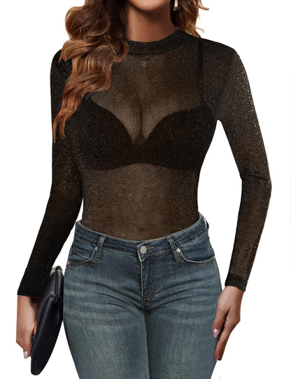 Black Lace Top Long Sleeve Shirt Women Woman Mock Neck Mesh Layering See Through Tops Slim Blouse valentine couple date night gift