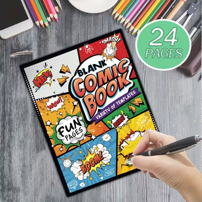 Blank comic book with variety of templates perfect for creativity, featuring 24 pages for drawing and storytelling.