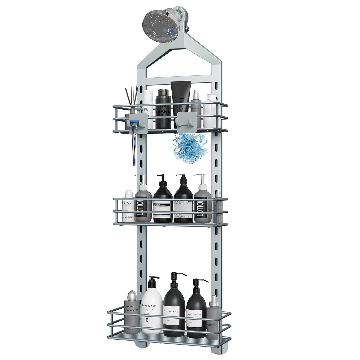 Hanging Shower Caddy 3 Tier Adjustable Basket Over Shower Head Shower Organizer Hanging with Hooks Shower Racks for Inside Shower Shelf Anti-Swing Bathroom Organizer Shelves Silver