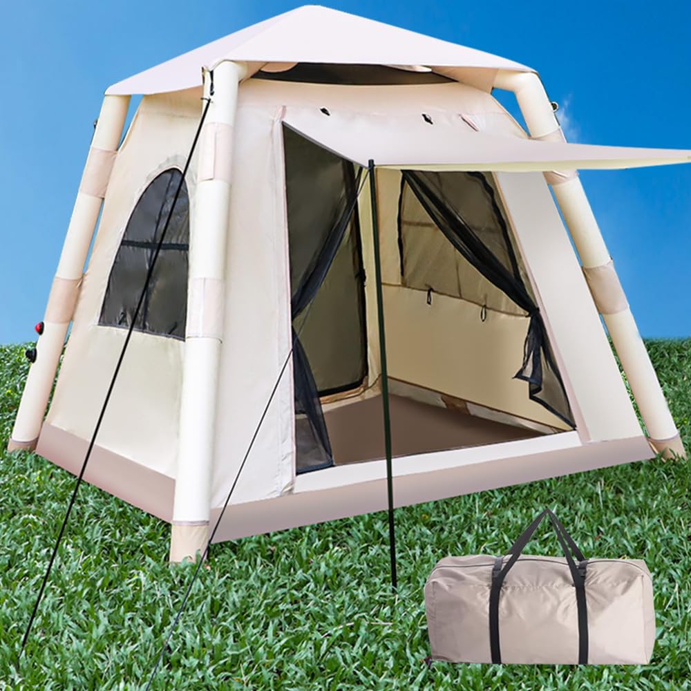 Portable Inflatable Camping Tent with Pump Easy Setup 4 Season Tent with 2 Doors Waterproof Ultraviolet-Proof Outdoor Self-Supporting Air Tent