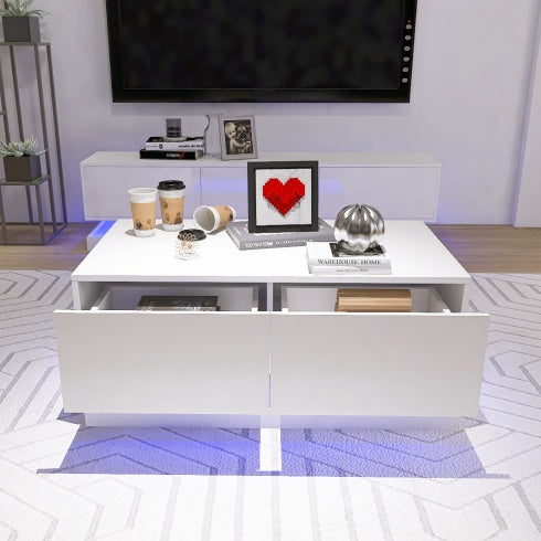 High Glossy Coffee Table With 2 Drawers under glow RGB Led Light With Bluetooth Control