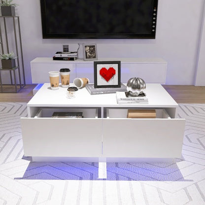 High Glossy Coffee Table With 2 Drawers under glow RGB Led Light With Bluetooth Control