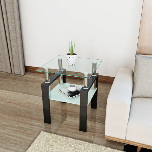 Modern Tempered Glass Tea Table Coffee Table End Table Square Table For Living Room, Transparent Black
