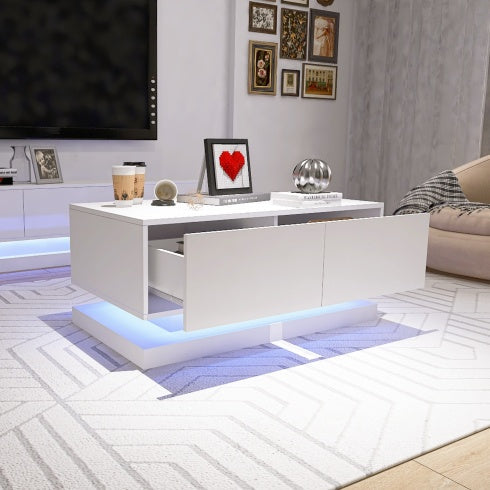 High Glossy Coffee Table With 2 Drawers under glow RGB Led Light With Bluetooth Control