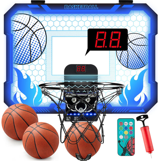 Indoor Basketball Hoop for Kids with 7 Colors Led Lights Mini Basketball Hoop with Remote Control Over The Door Basketball Hoop with Scoreboard Basketball Toys Gifts for 4-12 Year Old Boys Girls