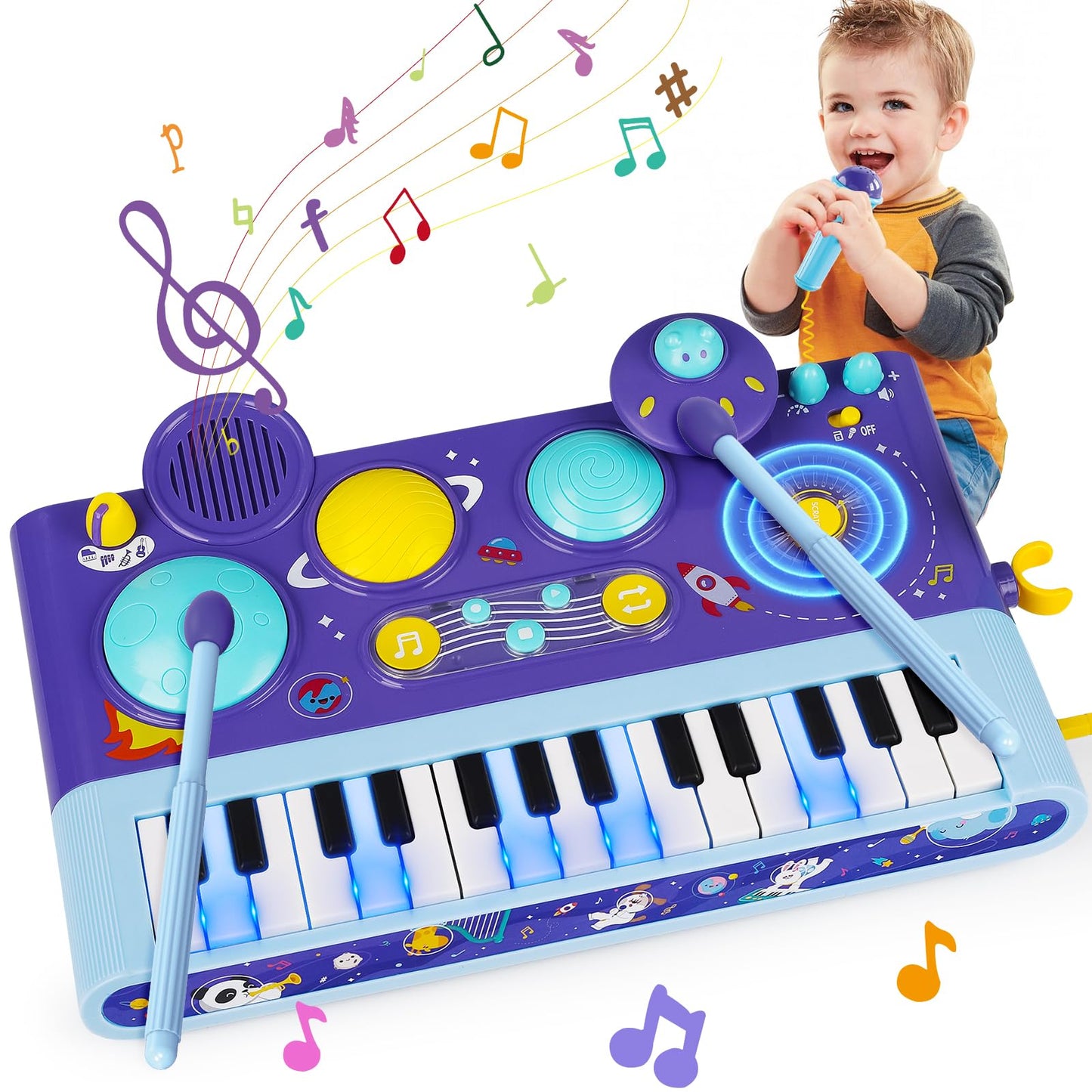 5 in 1 Toddler Musical Toys Piano Keyboard Xylophone Drum with Microphone 1 2 3 Year Old Girls Boys Music Toy Piano for Kids Ages 1-3 2-4 DJ Table Instruments Learning Baby Birthday