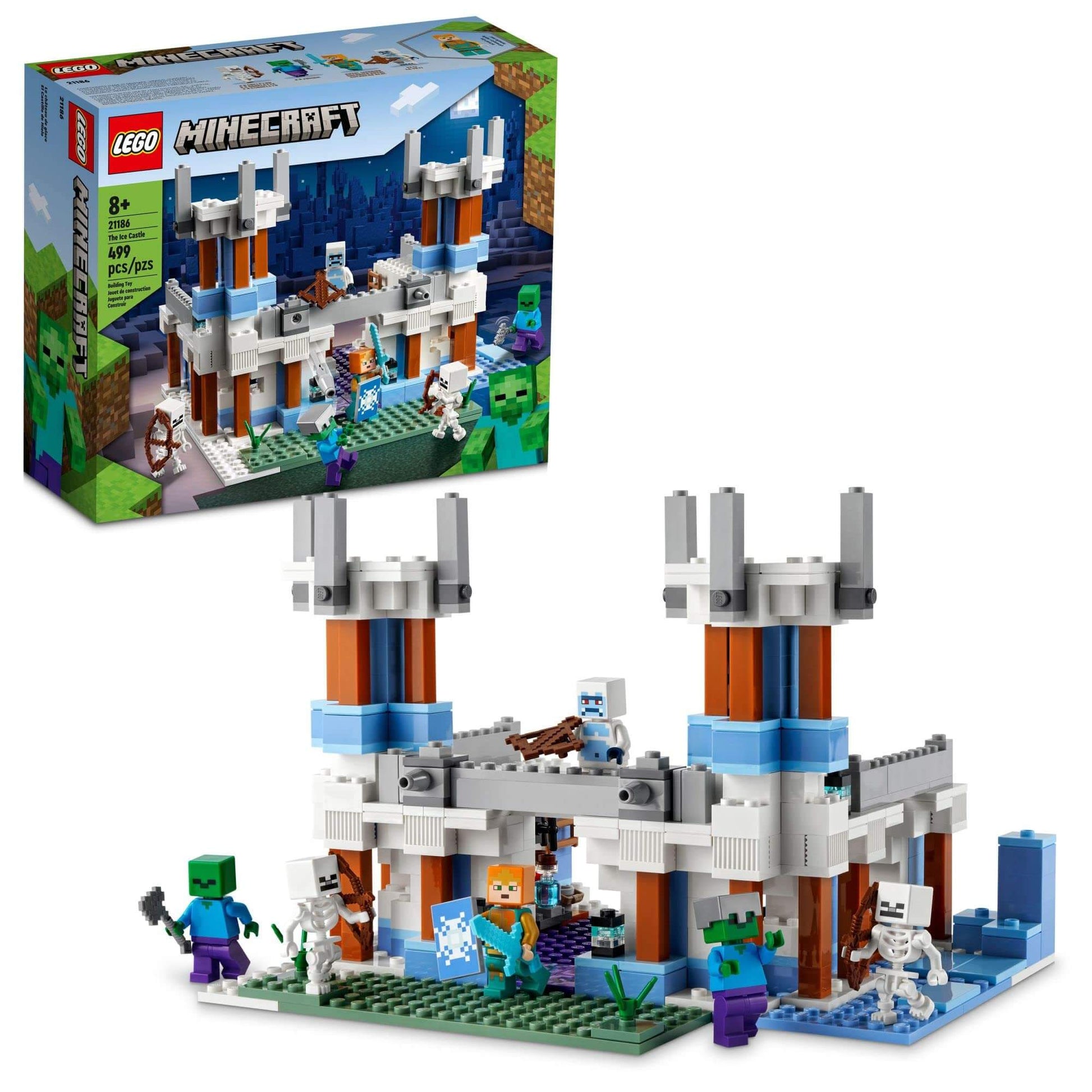 LEGO Minecraft Ice Castle building set featuring characters and castle structure for creative play.