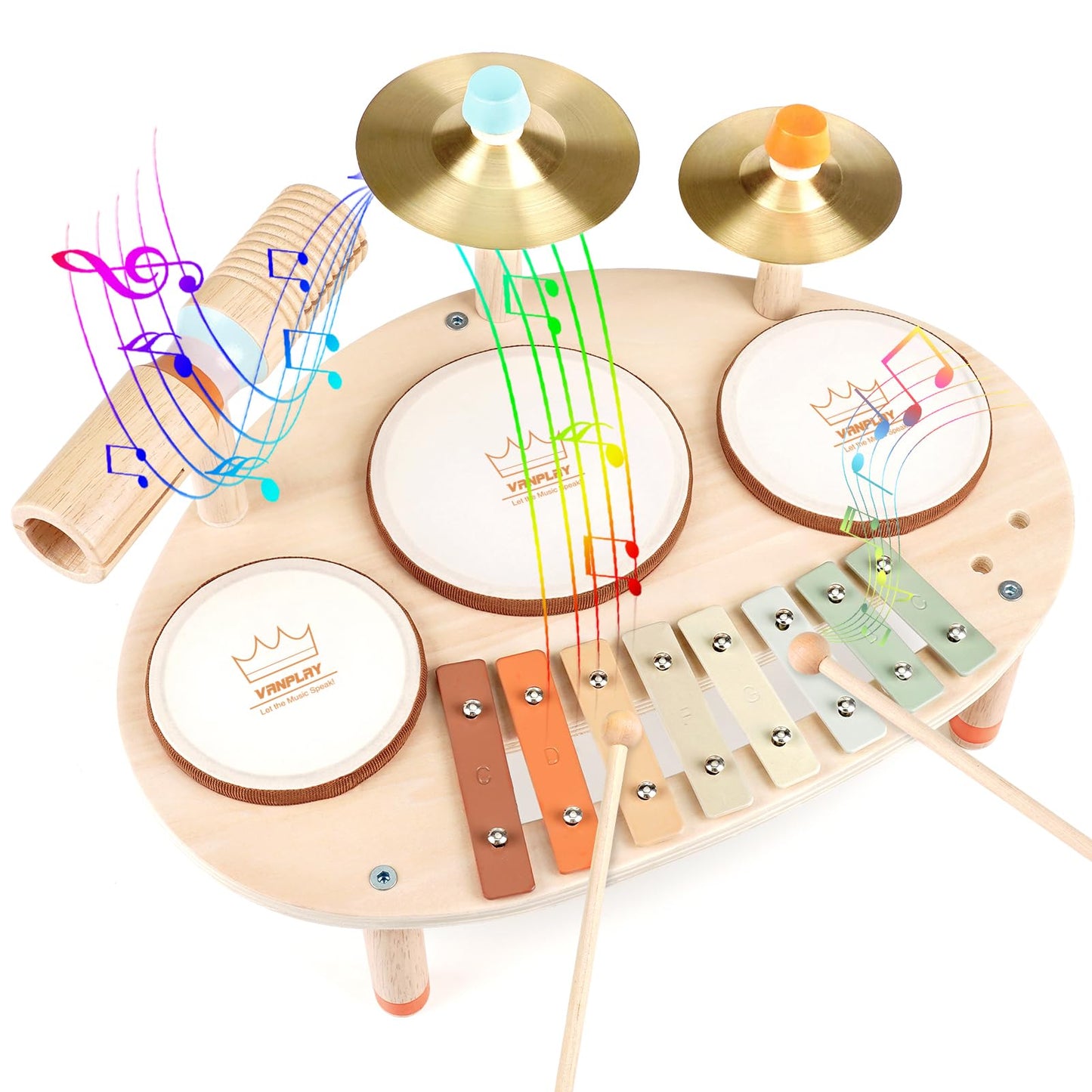 Vanplay Musical Toys for 1 Year Old: 9 in 1 Wooden Drum Set for Toddlers 1-3 Montessori Toys for Babies 12-18 Months with Xylophone 1st Birthday Gifts for 1 2 3 Year Old Boys Girls Instruments Toys