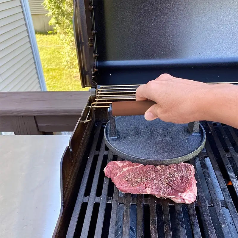 Round Cast Iron BBQ Grill Roast Press with Wooden Handle