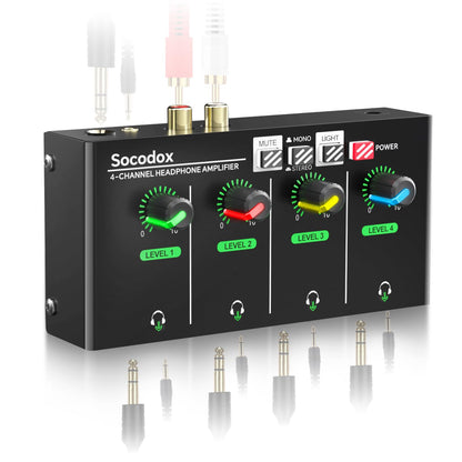 socodox 4-Channel Headphone Amplifier 3.5mm/6.35mm/RCA Jacks Metal Compact Headphone Mixer with 8 Headphone Output Port Stereo Switch Mute Function RGB Light 5.5x2.76x1.2 inch