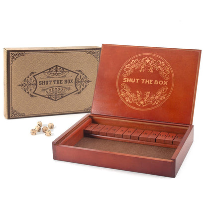 AMEROUS Shut The Box Dice Game Wooden Board Table Math Game with Lid - 6 Dice - Gift Package - Rules Classic Board Game for Kids Adults Family
