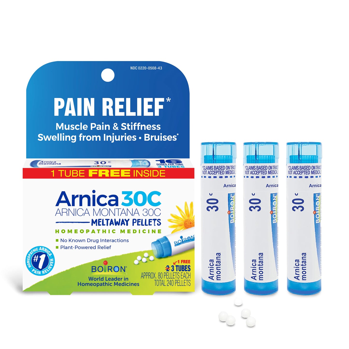 Boiron Arnica Montana 30C Homeopathic Medicine for Relief from Muscle Pain Muscle Stiffness Swelling from Injury and Discoloration from Bruises - 3 Count (240 Pellets)