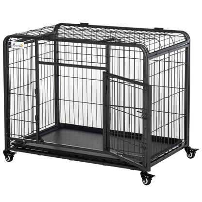 PawHut Folding Design Heavy Duty Metal Dog Cage Crate & Kennel with Removable Tray and Cover & 4 Locking Wheels Indoor/Outdoor 37"