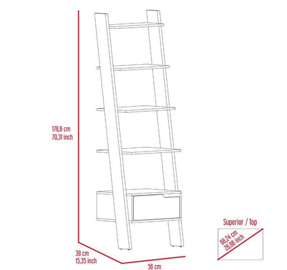 Trapezoidal Bookshelf, Four Legs, One Drawer, Five Open Shelves - Deep Walnut Wood